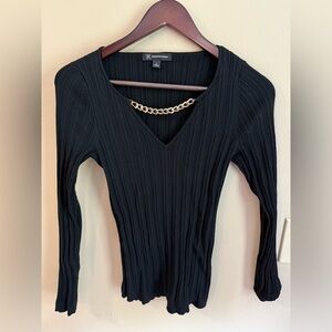 INC International Concepts Black Ribbed Bodysuit with Chain Detail